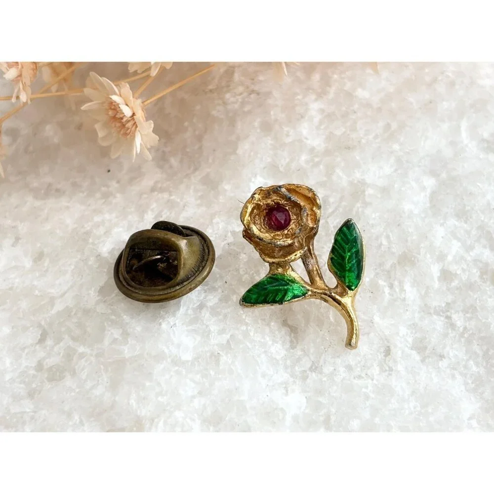 Gold Toned Rosebud Green Enameled Vintage Cute Costume Jewelry Brooch